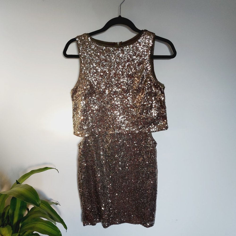 TFNC LONDON Bodycon Cut Out Sequin Mini Dress Gold